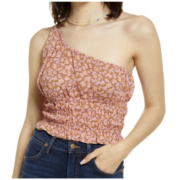 NWT BP Floral smoke Crop tank Top 1X bohemian One-Shoulder Tan Purple - Picture 1 of 11
